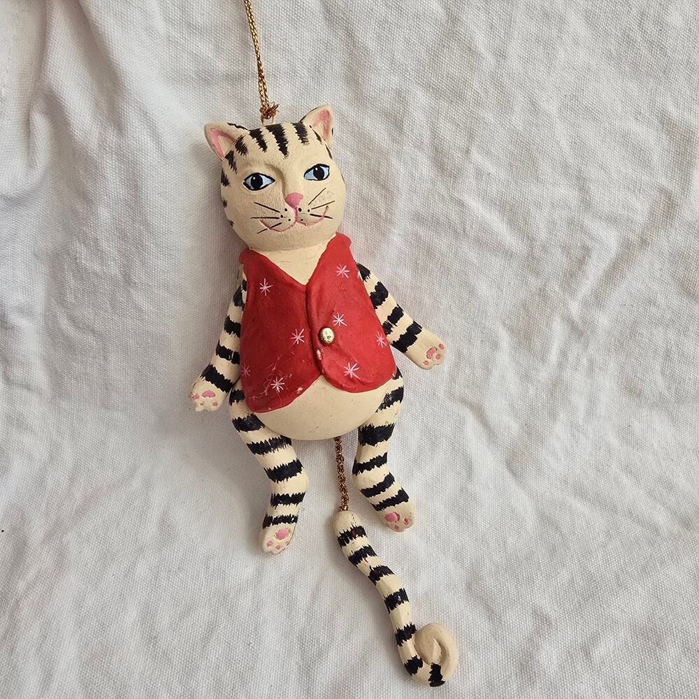 NWT Natural Wonders Wooden Cat Ornament Pull Tail Raises Arms and Legs Striped